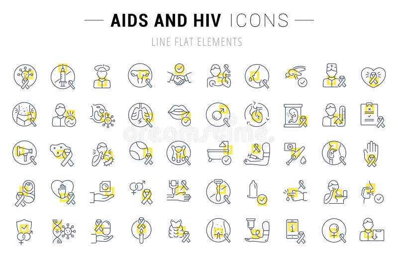 Fastställd vektorlinje symboler av HJÄLPMEDEL och HIV royaltyfri illustrationer