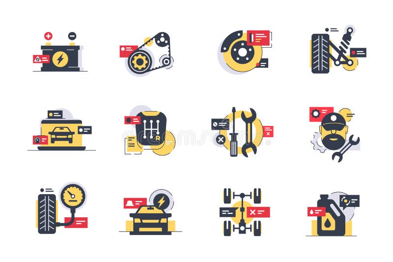 Set car service icons with tires, motor, transmission, repair tool. Concept collection modern symbols for public vehicle support, internet, ad, web. Pixel perfect. Vector illustration. Set car service icons with tires, motor, transmission, repair tool. Concept collection modern symbols for public vehicle support, internet, ad, web. Pixel perfect. Vector illustration.