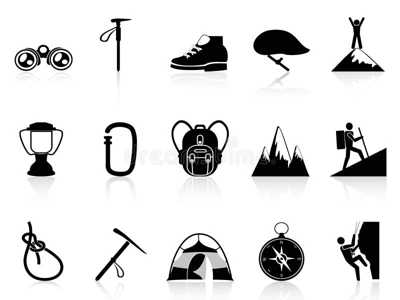 Fastställda klättringbergsymboler stock illustrationer Fastställda klättringbergsymboler stock illustrationer