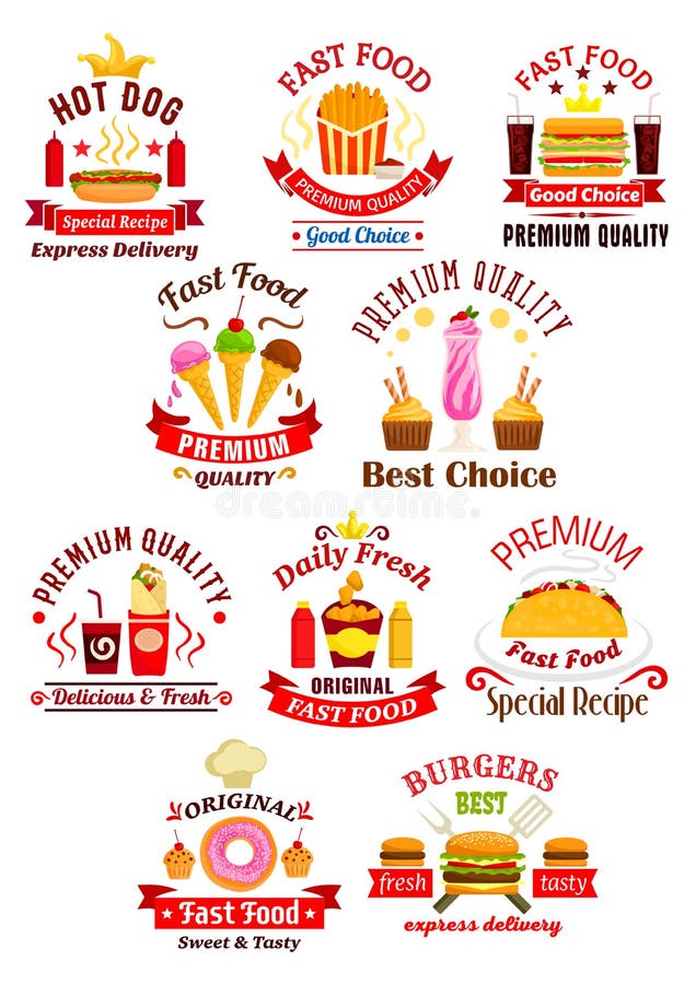 Fastów food emblematy z faborkami ilustracji Fastów food emblematy z faborkami ilustracji