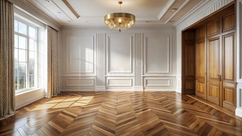 Faszinierend AIGenerated Image White Wood Paneling Herringbone Flooring und TiltShift Perspective in a Luxury. Dieses atemberaubende Kunstwerk kombiniert meisterhaft die Eleganz der weißen Holztäfelung mit einem raffinierten Kronenboden-Design. Der Tiltshift-Effekt erzeugt eine verzauberte Feldtiefe, die den Betrachter in einen sorgfältig gestalteten Innenraum hineinzieht. Die weiche diffuse Beleuchtung betont die aufwändigen Details des Holzkorns und die subtilen Variationen in der Verkleidung. Das Bild
