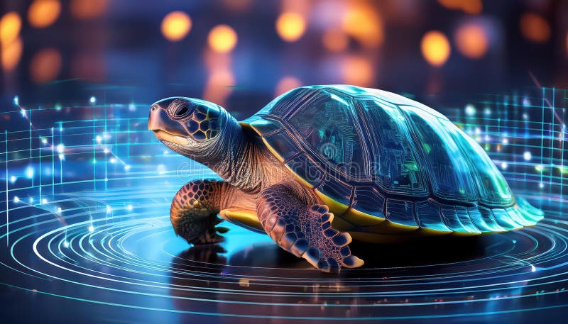 Faszinierende Begegnung einer modernen Schildkröte inmitten der digitalen und natürlichen Reiche des pixelierten Waldes in einem ä lizenzfreie abbildung