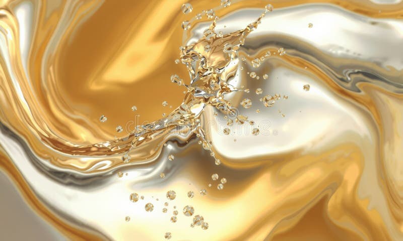 Faszinierende Splash aus flüssigem Gold und Silber erzeugt einen dynamischen visuellen Effekt, der Flüssigkeitsbewegung und schimm. Ein faszinierender Splash aus flüssigem Gold und Silber erzeugt einen dynamischen visuellen Effekt, der Flüssigkeitsbewegung und schimmernde Tropfen zeigt, die ein Gefühl von Luxus und Eleganz hervorrufen