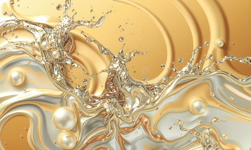 Faszinierender Splash aus flüssigem Gold und Silber schafft dynamische visuelle Effekte mit Tröpfchen und Perlen, die Eleganz und lizenzfreie abbildung