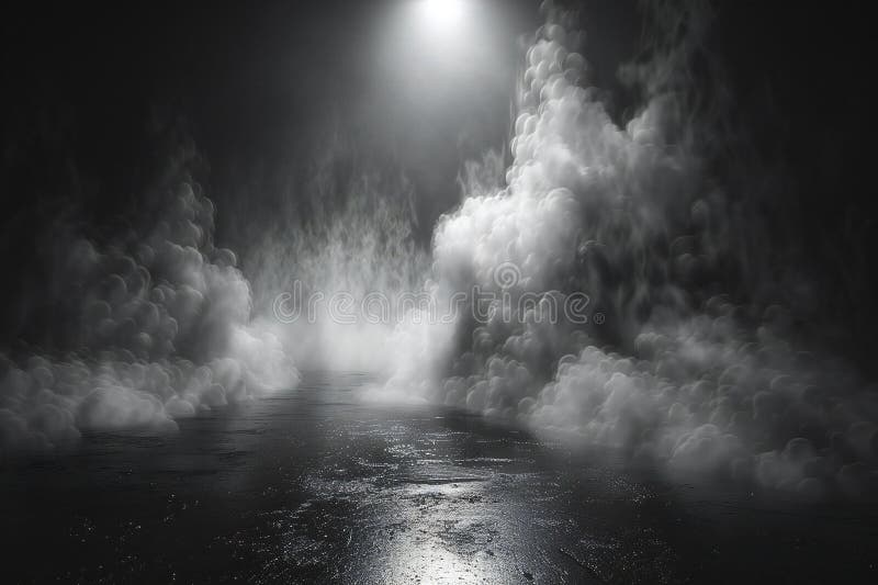 Faszinierendes Bild mit schwarzem Hintergrund mit Rampenlicht auf dem Bodennebel und Rauch davor schwarz-weiß lizenzfreie abbildung