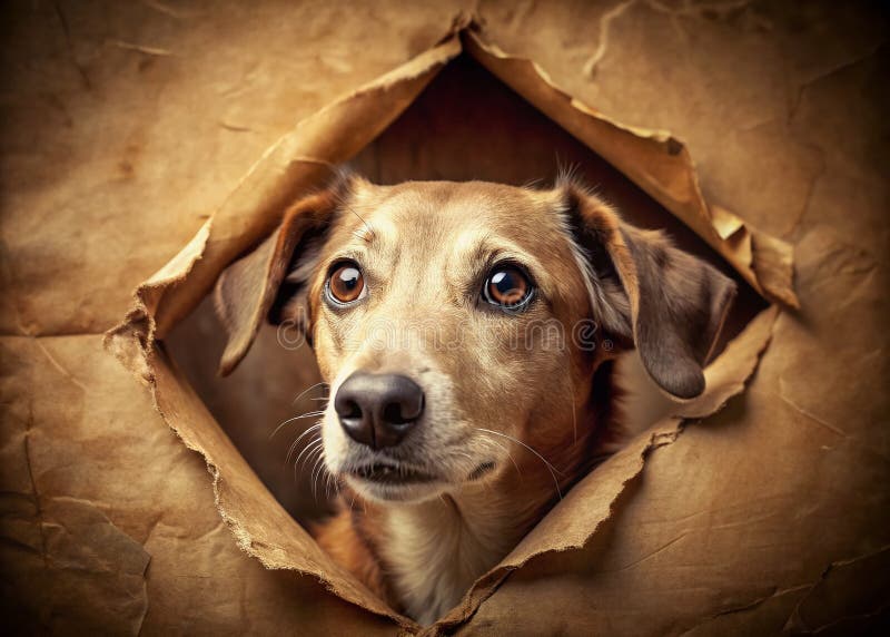 Faszinierendes Portrait des Vintage Hundes, eine seltsame Kanine, die durch zerrissenes Papier pinkelt, die nostalgischen Charme h lizenzfreie abbildung