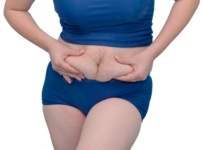 Fat Asian woman in swim suit on white background