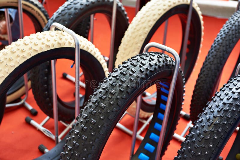 Fat bicycle tires in store stock image. Image of service 110470843