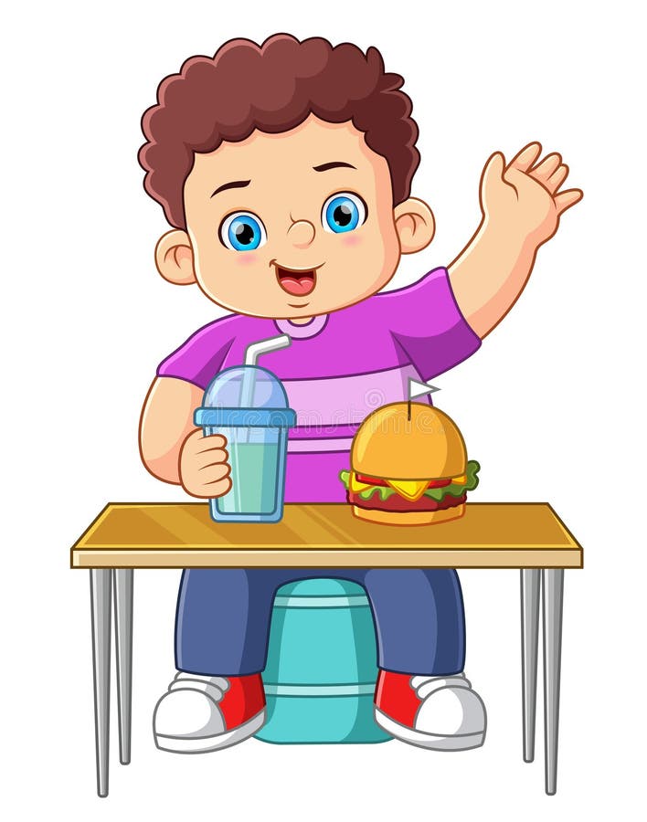 A Fat Boy Eating Fast Food and Drinking Bubble Tea Stock Vector