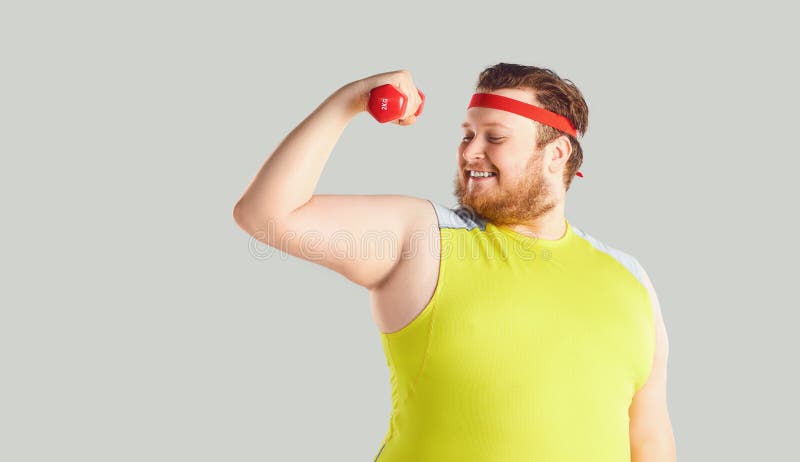 The Fat Funny Man with a Beard with Dumbbells on a Gray Background. Stock  Image - Image of strength, person: 152651305