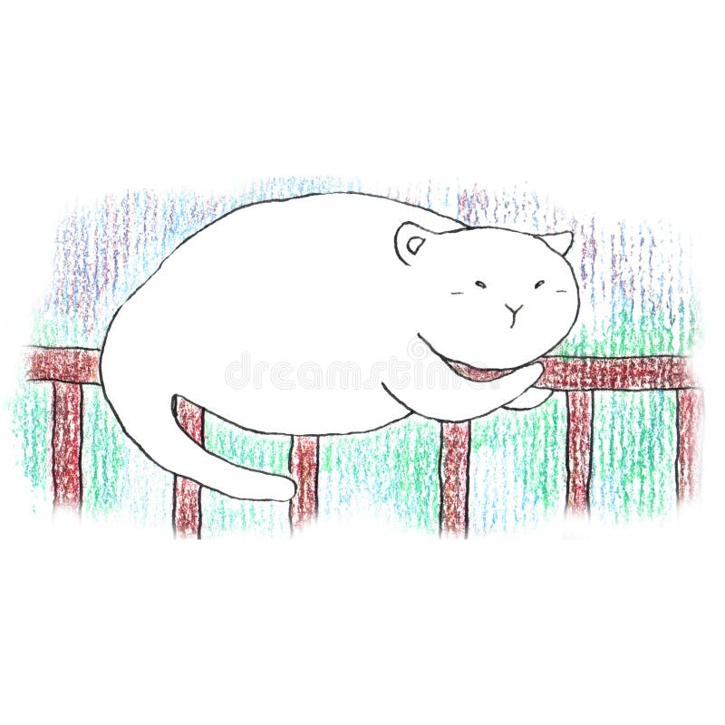 Fat funny white cat sleeping on the brown fence