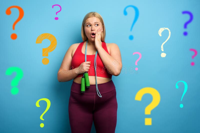Fat Girl Does Gym but is Worried for Something. Cyan Background Stock Image  - Image of face, revelation: 213585457