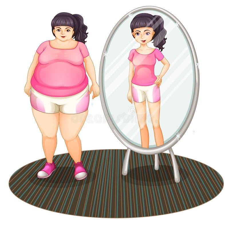 A fat girl and her slim version in the mirror stock illustration A fat girl and her slim version in the mirror stock illustration