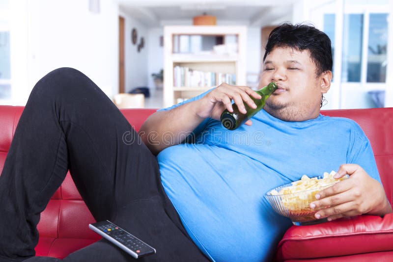 Fat Man Drinking Beer and Eat Snack Stock Image Image of alcohol