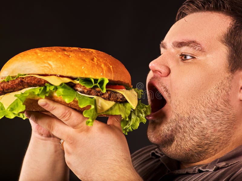 Fat Man Eating Fast Food Hamberger. Breakfast for Overweight Person ...