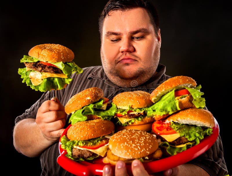 Fat Man Eating Fast Food Hamberger. Breakfast for Overweight Person ...