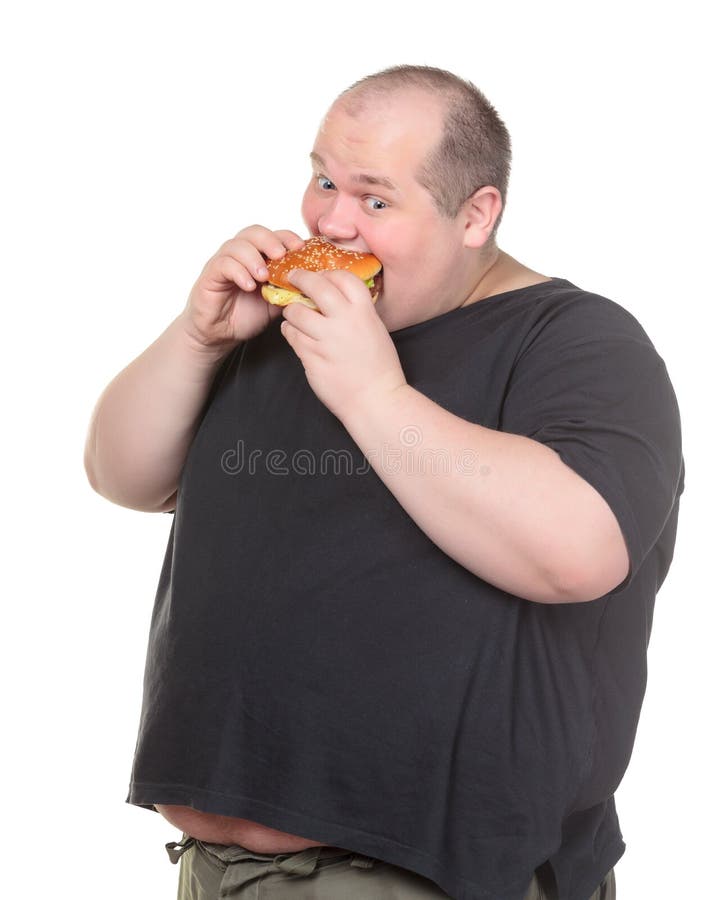 Fat Man Greedily Eating Hamburger Stock Photo - Image of fastfood