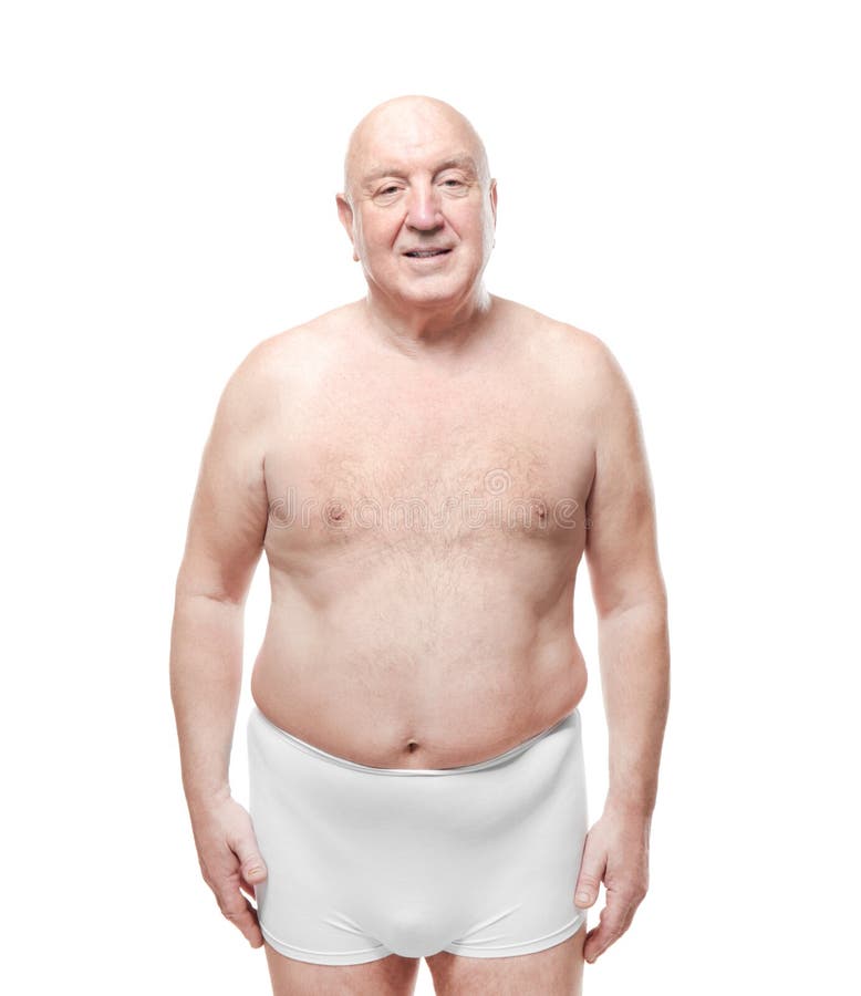 Fat senior man in underwear on white background. 
