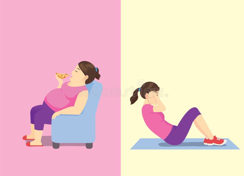 Fat woman eating fast food on sofa but slim woman doing sit up workout. vector illustration Fat woman eating fast food on sofa but slim woman doing sit up workout. vector illustration