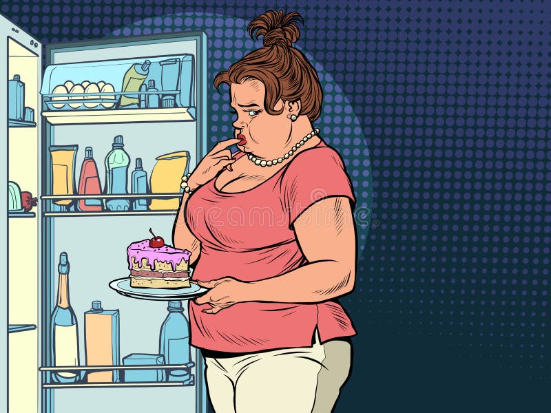 Fat woman at the open refrigerator with food, obesity and excess weight