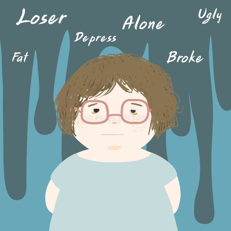 Fat woman sad and think negative vector illustration
