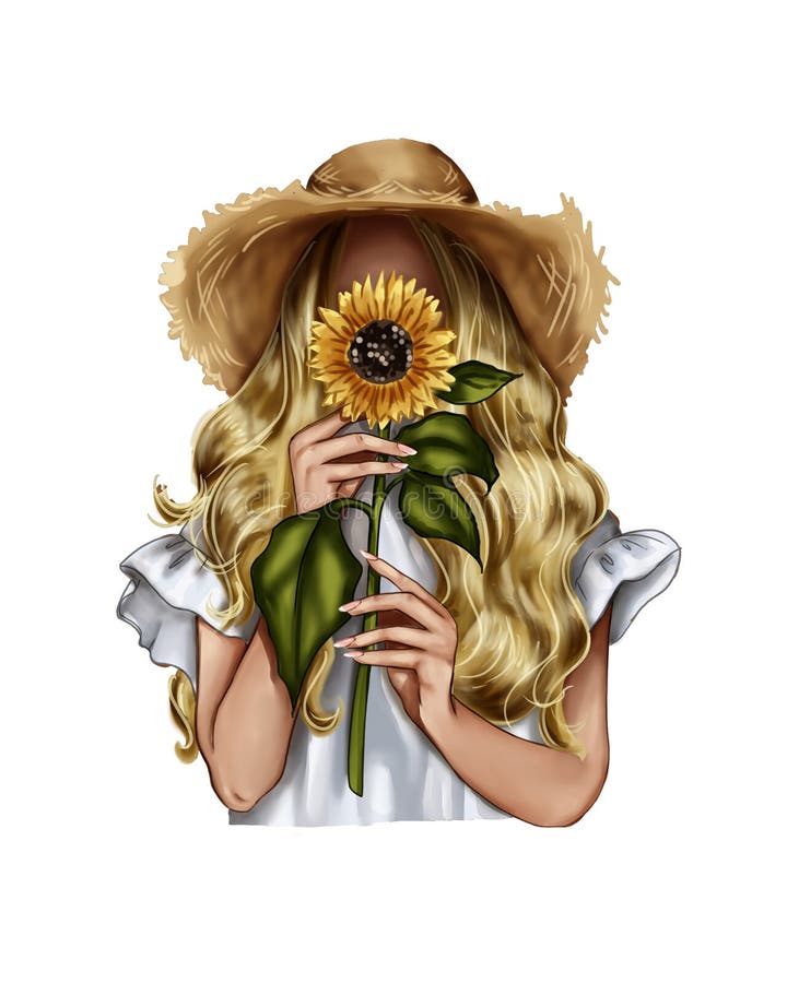Fata cu ilustrații de modă care ține un portret de femeie cu floarea-soarelui royalty free illustration