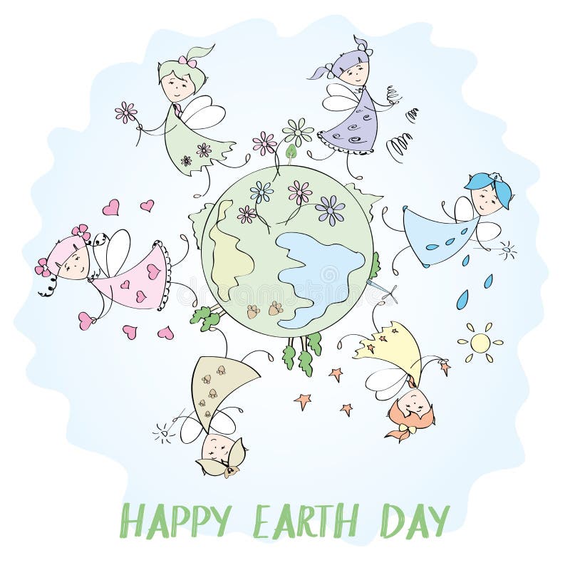 Fatati e pianeta Terra, giorno di terra illustrazione vettoriale Fatati e pianeta Terra, giorno di terra illustrazione vettoriale