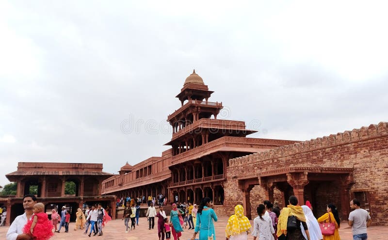 Fatehpur Sikri Agra, State Uttar Pradesh, Country India - 08 August 2022 : Fatehpur sikri mughal building photo from internal side with heavy crowd