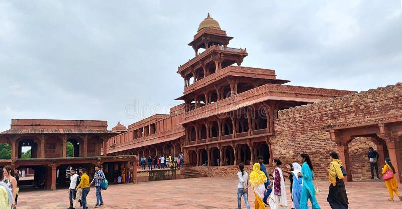 Fatehpur Sikri Agra, Uttar Pradesh, India - 12 08 2022 : Fatehpur sikri mughal building photo from internal side with crowd. Fatehpur Sikri Agra, Uttar Pradesh, India - 12 08 2022 : Fatehpur sikri mughal building photo from internal side with crowd