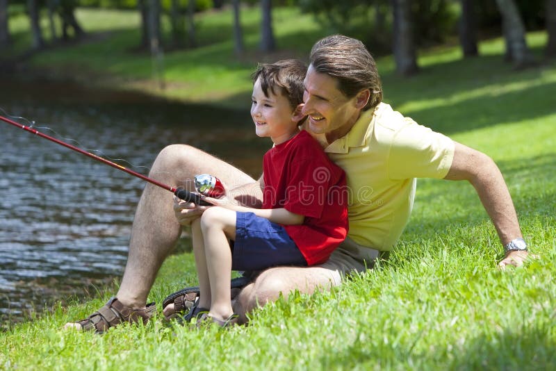 Father Fishing With His Son On A River