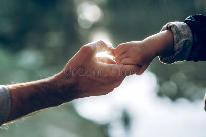 Father and little son holding hands in summer sun light. father hand lead his child in  nature outdoor, trust, protecting, care