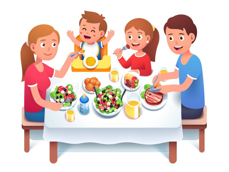 Father, mother, daughter, son kids having home family dinner or lunch sit at table. Mom feeding toddler child in chair. Happy family cartoon characters eating meal together. Flat vector illustration. Father, mother, daughter, son kids having home family dinner or lunch sit at table. Mom feeding toddler child in chair. Happy family cartoon characters eating meal together. Flat vector illustration