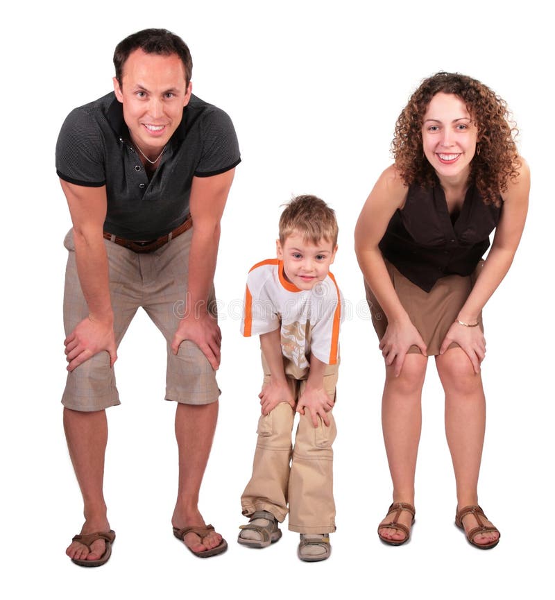 Father, mother and son look having bent down on white. Finger point down stock images, royalty-free photos and pictures