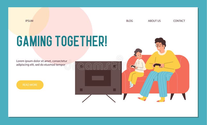 Father playing video games together with son, landing page template - flat vector illustration. Concept of happy family and childhood. Cartoon characters sitting on couch with joysticks.