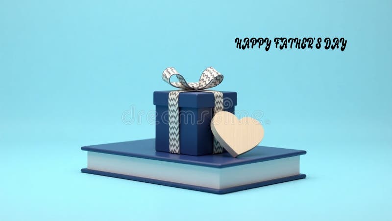 Father's day present idea 2025: blue wrapped gift with heart shape resting on a book stock photo