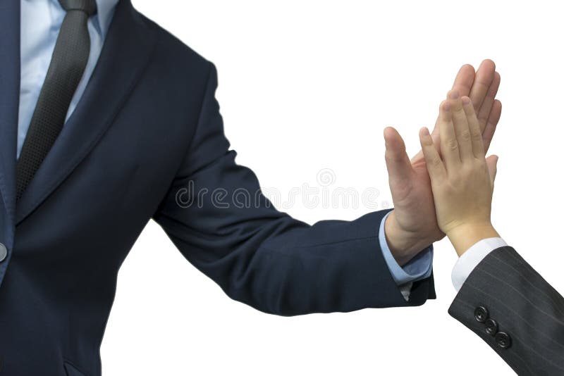 Father and Son in Formal Wear Giving High Five on White Stock Photo