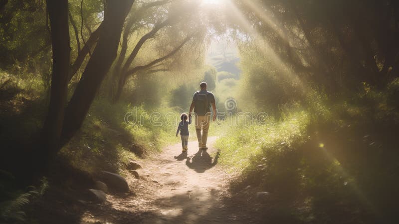 Father and son hiking in forest. Looking at map Stock Photo - Alamy