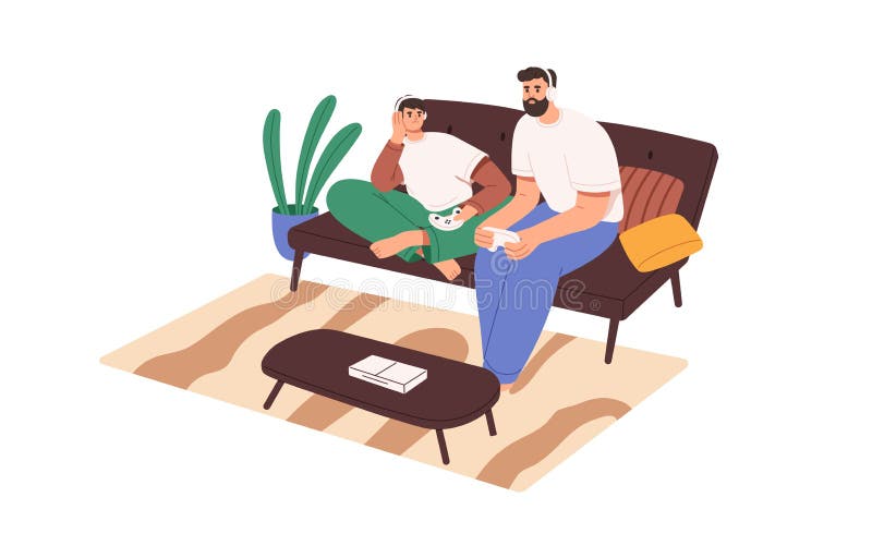 Father and son playing console video game, sitting on sofa at home. Family, dad and teenager boy with headphones and videogame joysticks in hands. Flat vector illustration isolated on white background.