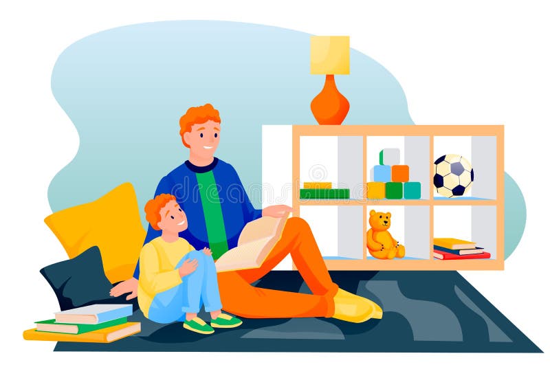 Father and son reading fairytale book together. Dad and little boy sitting in playroom and learning. Vector illustration stock illustration