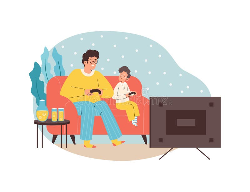 Father and son sitting on couch and playing video games, flat vector illustration isolated on white background. Family spending time together.