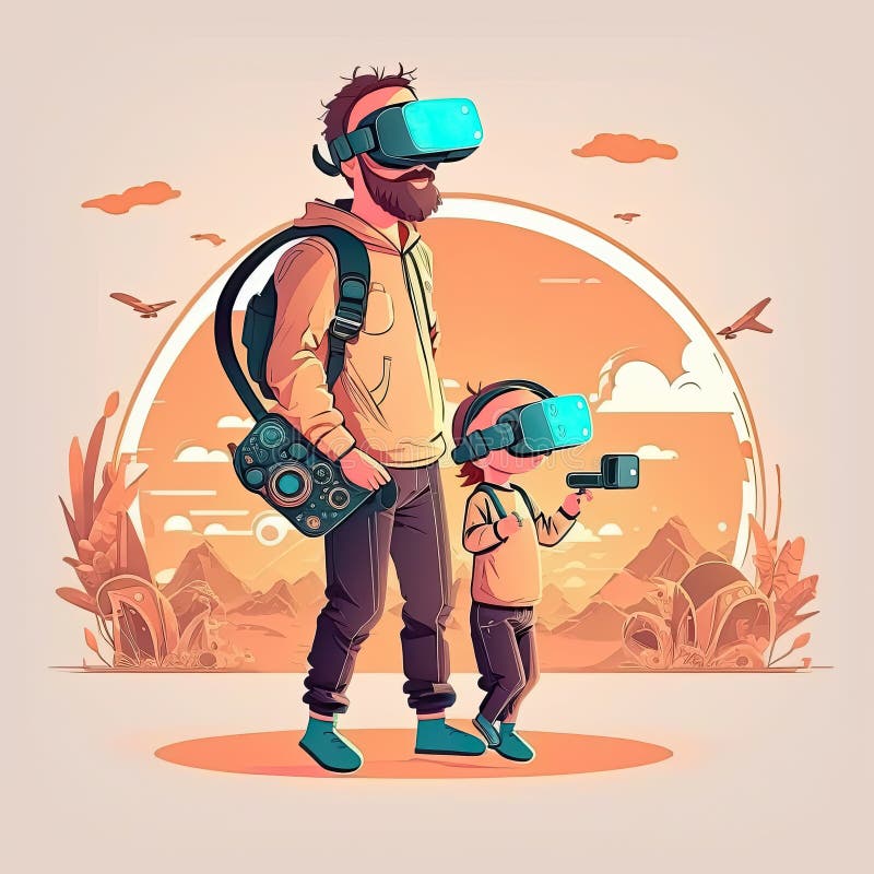 Father And Son Is Using Vr Technology Together In A Futuristic Father And Son Is Using Vr Technology Together In A Futuristic
