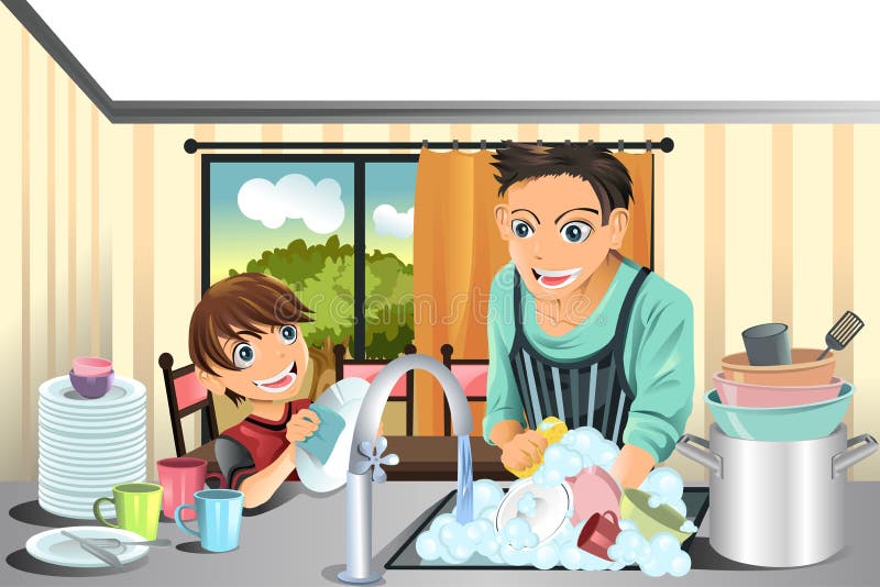 Семья моет посуду. Домашние дела иллюстрация. Мама моет посуду картинки для детей. Семья на кухне мультяшная. Домашние дела арт.