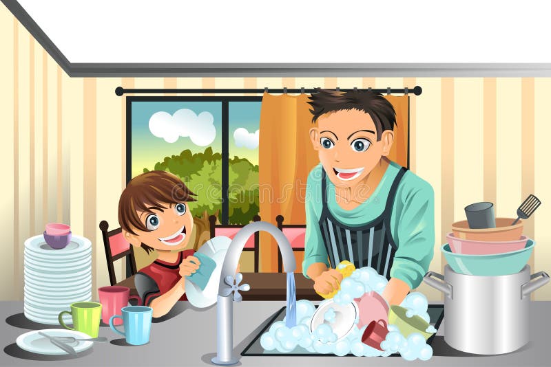 Father and son washing dishes vector illustration Father and son washing dishes vector illustration