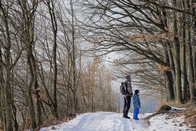 Father and son on winter forest walk