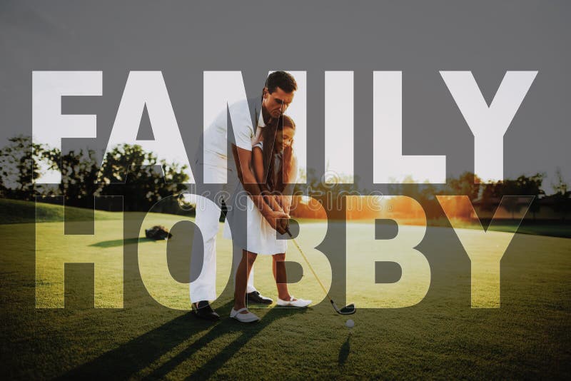 Dad Teaches Child Take Shot Golfing Family Hobby.