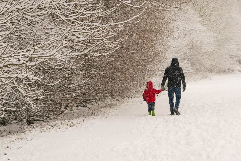 Father Walks With His Little Daughter In Forest Park During A Heavy