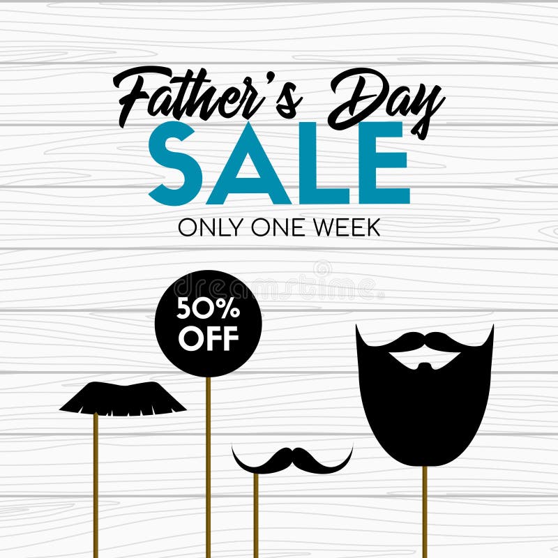 Fathers day sale card. Vector banner with photo props on wooden background royalty free illustration Fathers day sale card. Vector banner with photo props on wooden background royalty free illustration