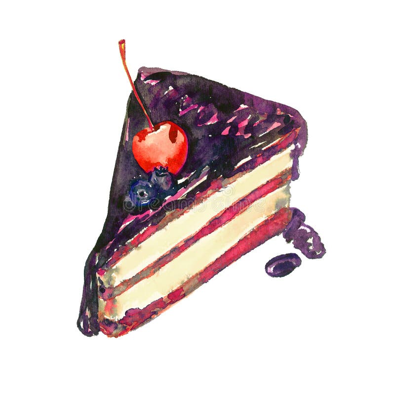 Fatia com bagas, ilustração pintado à mão do bolo de chocolate da aquarela isolada no branco fotografia de stock Fatia com bagas, ilustração pintado à mão do bolo de chocolate da aquarela isolada no branco fotografia de stock