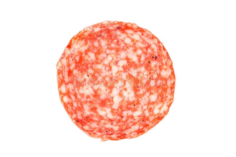 Fatia da salsicha de salame isolada em um branco Vista superior imagem de stock Fatia da salsicha de salame isolada em um branco Vista superior imagem de stock
