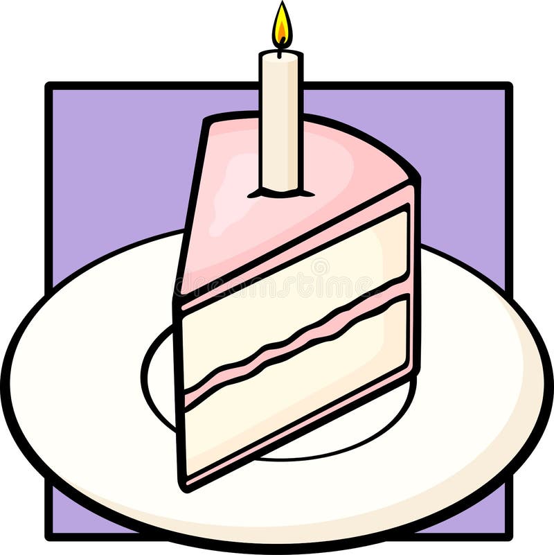 Fatia do bolo de aniversário no prato com vela iluminada ilustração royalty free Fatia do bolo de aniversário no prato com vela iluminada ilustração royalty free